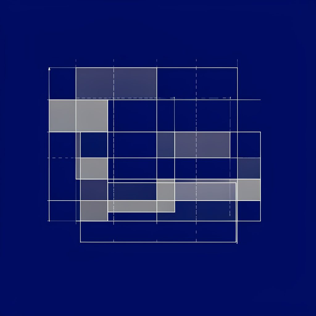 Composición geométrica abstracta en azul marino profundo y gris claro, con formas rectangulares superpuestas que sugieren orden y estructura.