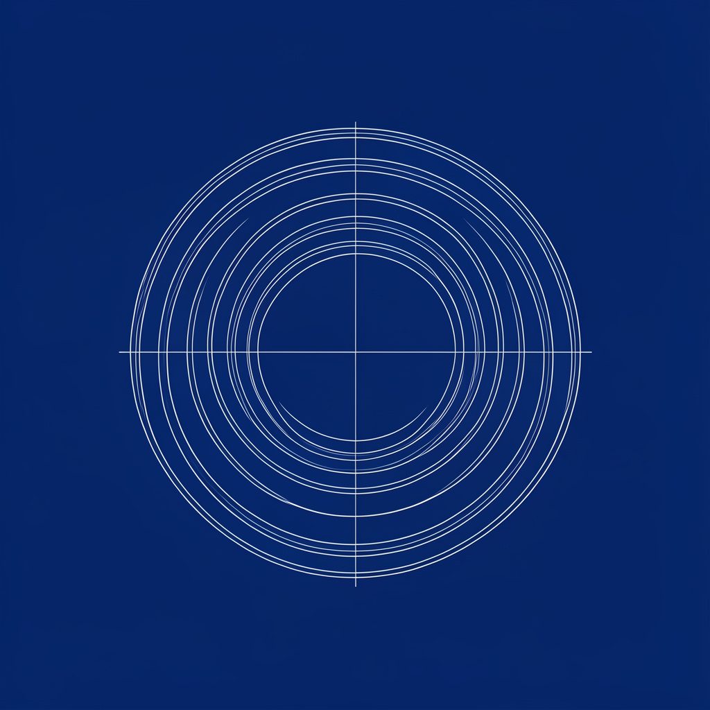 Emblema circular sencillo en azul marino y gris claro, con un diseño minimalista de líneas concéntricas que transmiten equilibrio.